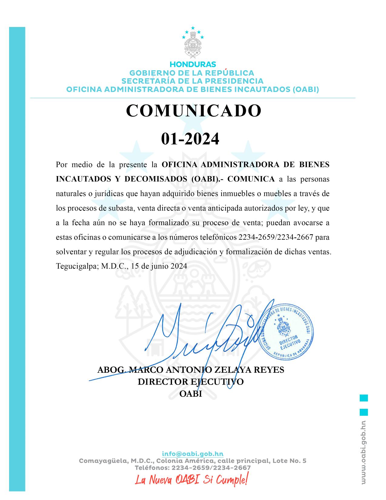 Comunicado 01-2024-15 de Junio de 2024